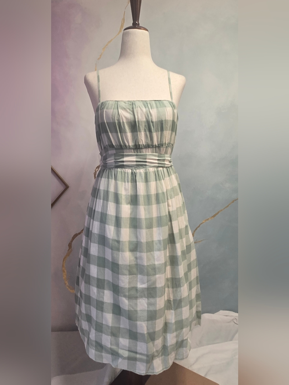 Vintage Y2k Roxy Babydoll Empire Waist Tie Back Strappy Plaid Green Dress S 5